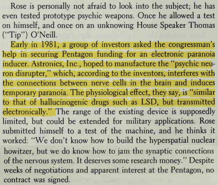 toxictiramisu's tweet photo. Rep. Charlie Rose tried to help Astronics, Inc. seek Pentagon funding for an electronic paranoia inducer that jams brain synapses electronically, producing effects "similar to that of hallucinogenic drugs such as LSD," with range that could be extended for military applications. https://t.co/D5IE8XIW2C