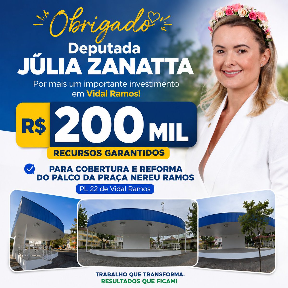 Rtabarelli's tweet photo. 🎶 VIDAL RAMOS: TERRA DA MÚSICA E DA CULTURA! 🎶
Agradecemos à Deputada Júlia Zanatta pela destinação de R$ 200 mil para a cobertura e reforma do palco da Praça Nereu Ramos, por meio da indicação ao PL 22 de Vidal Ramos. https://t.co/N8RyiB15Uj