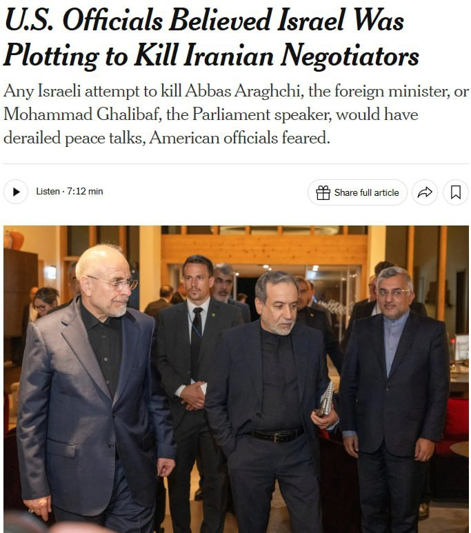 AndreGAP's tweet photo. Autoridades americanas acreditam que Israel planejava assassinar os principais negociadores de paz do Irã, segundo o *New York Times*
Qualquer tentativa israelense de assassinar Abbas Araghchi, ministro das Relações Exteriores, ou Mohammad Ghalibaf, presidente do Parlamento, teria
prejudicado as negociações de paz, temiam as autoridades americanas.
O jornal relata que os EUA suspeitaram, durante as negociações de abril, que Israel estivesse tentando eliminar dois importantes negociadores iranianos: o presidente do Parlamento, Mohammad Baqer Qalibaf, e o ministro das Relações Exteriores, Hossein Amir-Abdollahian (anteriormente conhecido como Abbas Araghchi). Consequentemente, os EUA solicitaram a vários países que alertassem o Irã sobre essa possibilidade.

Qalibaf tinha viagem marcada para Islamabad em abril para se reunir com o vice-presidente Wang, mas os serviços de segurança iranianos temiam que Israel pudesse aproveitar a oportunidade para assassiná-lo ou a Amir-Abdollahian, prejudicando assim as negociações.

Segundo fontes, o Irã, por meio de intermediários no Paquistão e no Catar, solicitou garantias de que Israel não conduziria operações secretas contra a delegação iraniana.

Caças paquistaneses escoltaram a aeronave iraniana desde a fronteira iraniana até Islamabad e de volta após a reunião. No entanto, na viagem de volta a Teerã, surgiu uma ameaça: os serviços de segurança iranianos informaram ao avião que transportava Qalibaf que haviam recebido informações de que Israel planejava atacar a aeronave e que dois caças israelenses haviam entrado no espaço aéreo iraniano a oeste da fronteira, perto do Iraque. Um assessor de Qalibaf confirmou que o avião fez um pouso de emergência na cidade de Mashhad, a mais próxima da fronteira com o Paquistão, e de lá a delegação iraniana viajou por terra por aproximadamente oito horas até Teerã.

De acordo com três altos funcionários iranianos, Qalibaf escapou por pouco da morte tanto durante a guerra de junho de 2025 quanto no conflito mais recente, quando Israel atacou uma reunião secreta de altos funcionários em um resort nas montanhas. Em ambos os casos, disseram eles, o presidente da Câmara foi resgatado dos escombros.

https://t.co/G0TwLNamnT