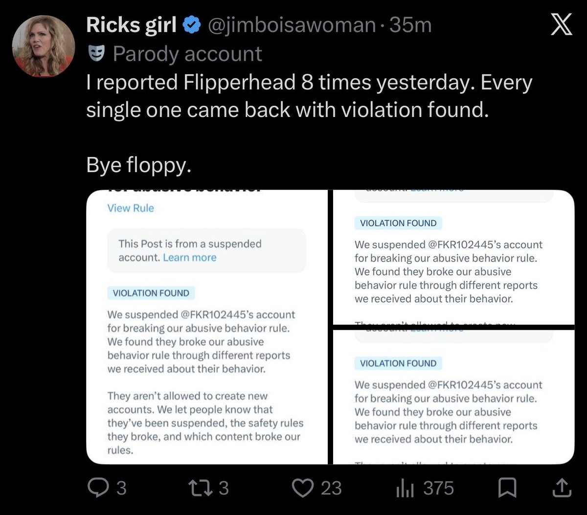 JWarrior309's tweet photo. @itsmomo01 @ChristinaR26882 Her account was suspended right after she made this post. lol https://t.co/kTqA2ytaYt
