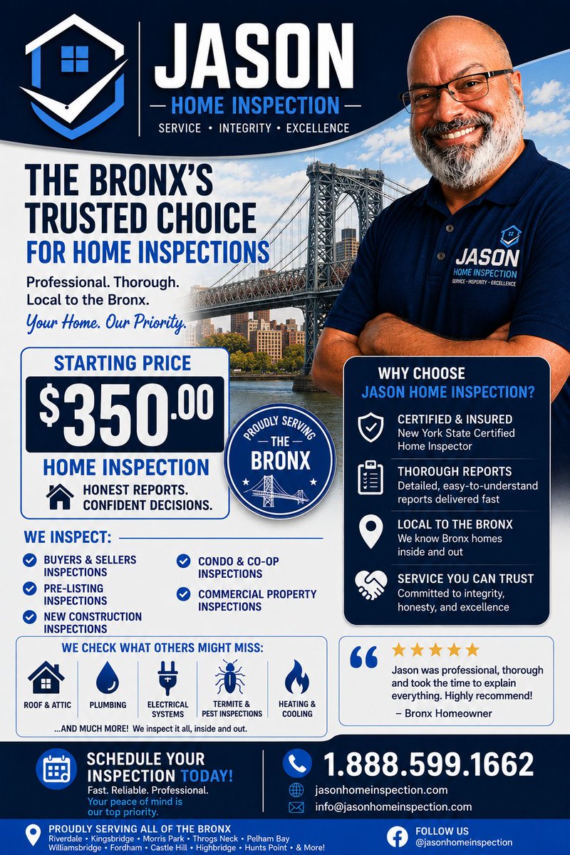 JEscoabar's tweet photo. Trust Jason Home Inspection for thorough, reliable home inspections in the Bronx. We deliver clear, detailed reports and fast turnaround times so you can make confident decisions. Serving buyers, sellers, and agents across the Bronx with expertise. https://t.co/ykI8V4d4jG