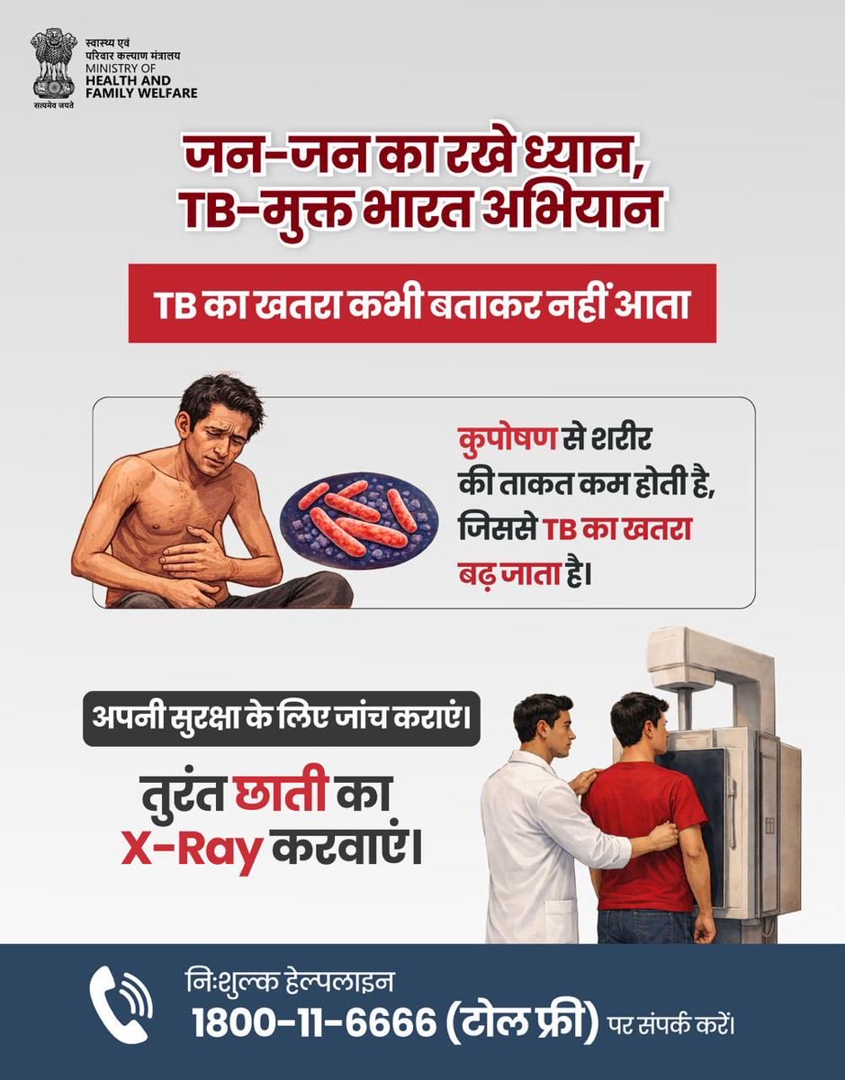 CdhoKutch's tweet photo. ટીબી કોઈ ચેતવણી આપીને આવતી નથી. કુપોષણ શરીરની રોગપ્રતિકારક શક્તિ નબળી પાડે છે, જેનાથી ટીબીનું જોખમ વધી શકે છે.
સમયસર છાતીનો એક્સ-રે કરાવો.
 જરૂર હોય તો ટોલ-ફ્રી હેલ્પલાઇન 1800-11-6666 પર સંપર્ક કરો.

વહેલું નિદાન, યોગ્ય સારવાર અને પોષણ — ટીબી સામે સૌથી મજબૂત બચાવ.
#TBMuktBharat https://t.co/0kkIL7Gy62