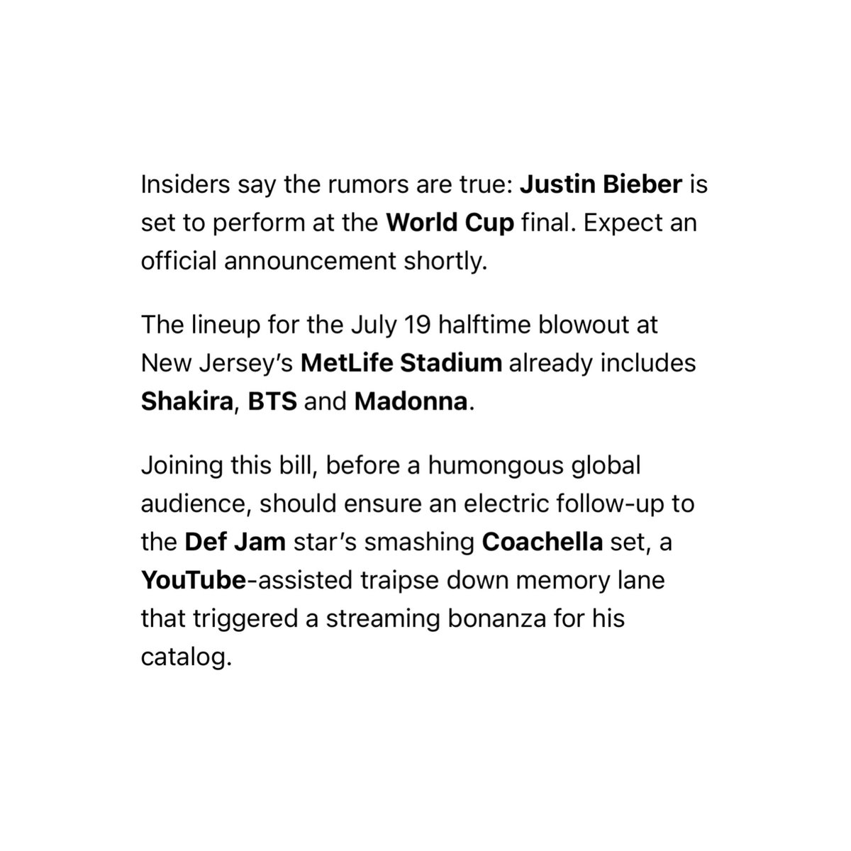 JBieberCharts's tweet photo. HITSDD confirm that Justin Bieber will perform at the FIFA World Cup final and the official announcement is expected shortly. 

He will join BTS, Madonna and Shakira at New Jersey’s Met Life stadium on July 19. 

https://t.co/OMNdVgJw84 https://t.co/4CYSZwGW1X