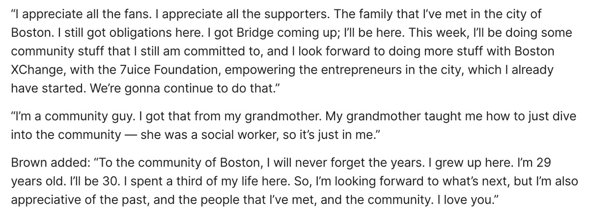 GioJRivera's tweet photo. Jaylen Brown, on stream, revealed he intends to remain committed to his community initiatives throughout Boston, even after the trade:  

"I still got obligations here." https://t.co/ivMSmgkyYA