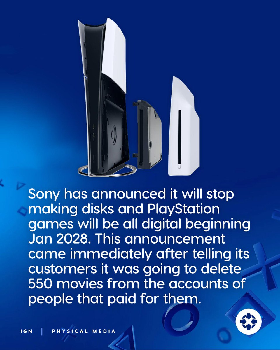 IGN's tweet photo. PlayStation has told everyone to brace for an entirely physical-media-free future just days after the company deleted more than 550 movies from the PlayStation Network.

For more info: https://t.co/d3WxV0qGua https://t.co/SsFriO8rjy