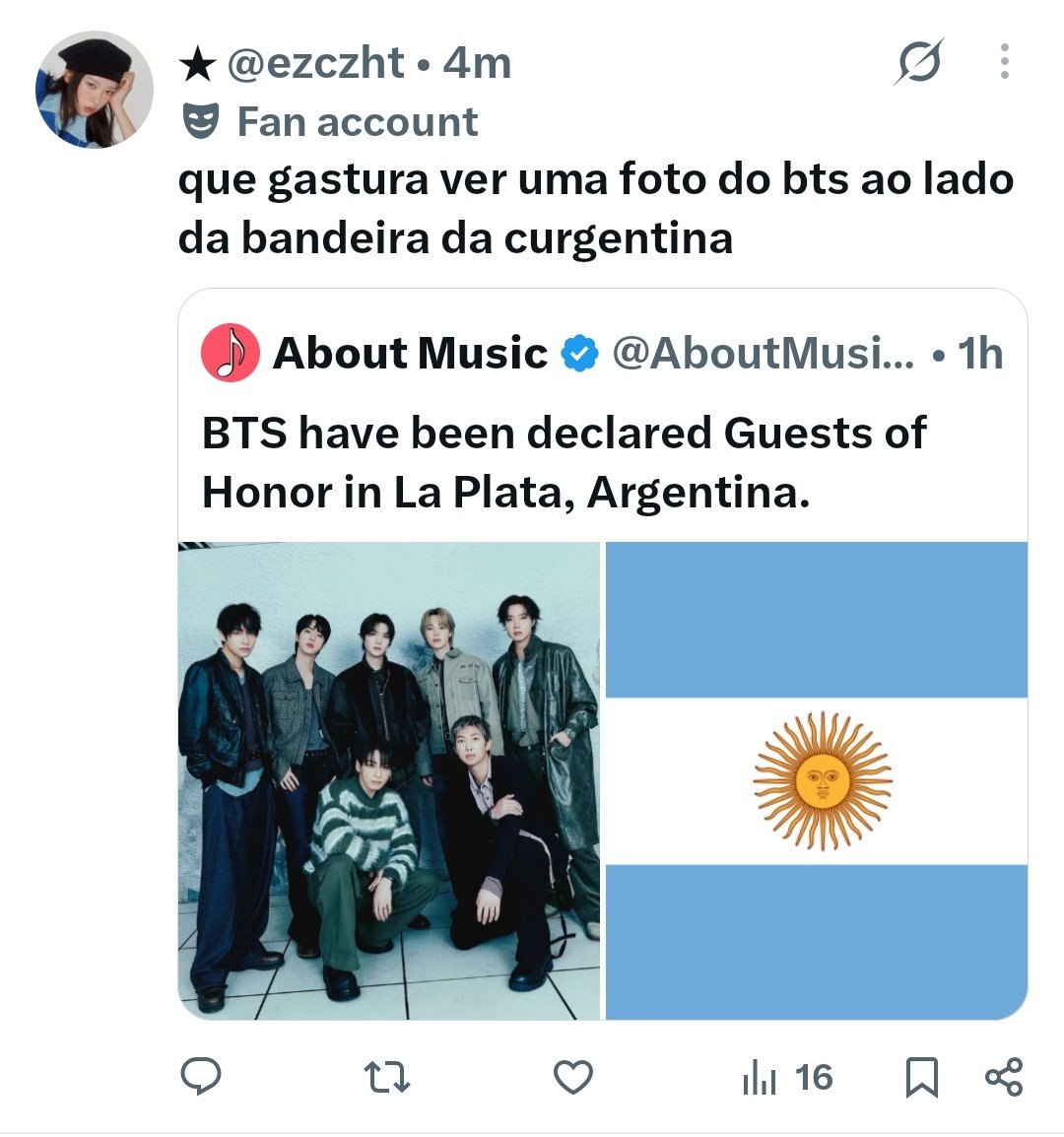 youngmdicine's tweet photo. Una cuenta poniendo que bts fue nombrado huésped de honor en la plata ciudad donde tienen 3 conciertos y las brasileras en vez de ponerse feliz por el reconocimiento que les dieron a sus supuestos favs ponen estos comentarios de mierda https://t.co/VxGGKwtYcC