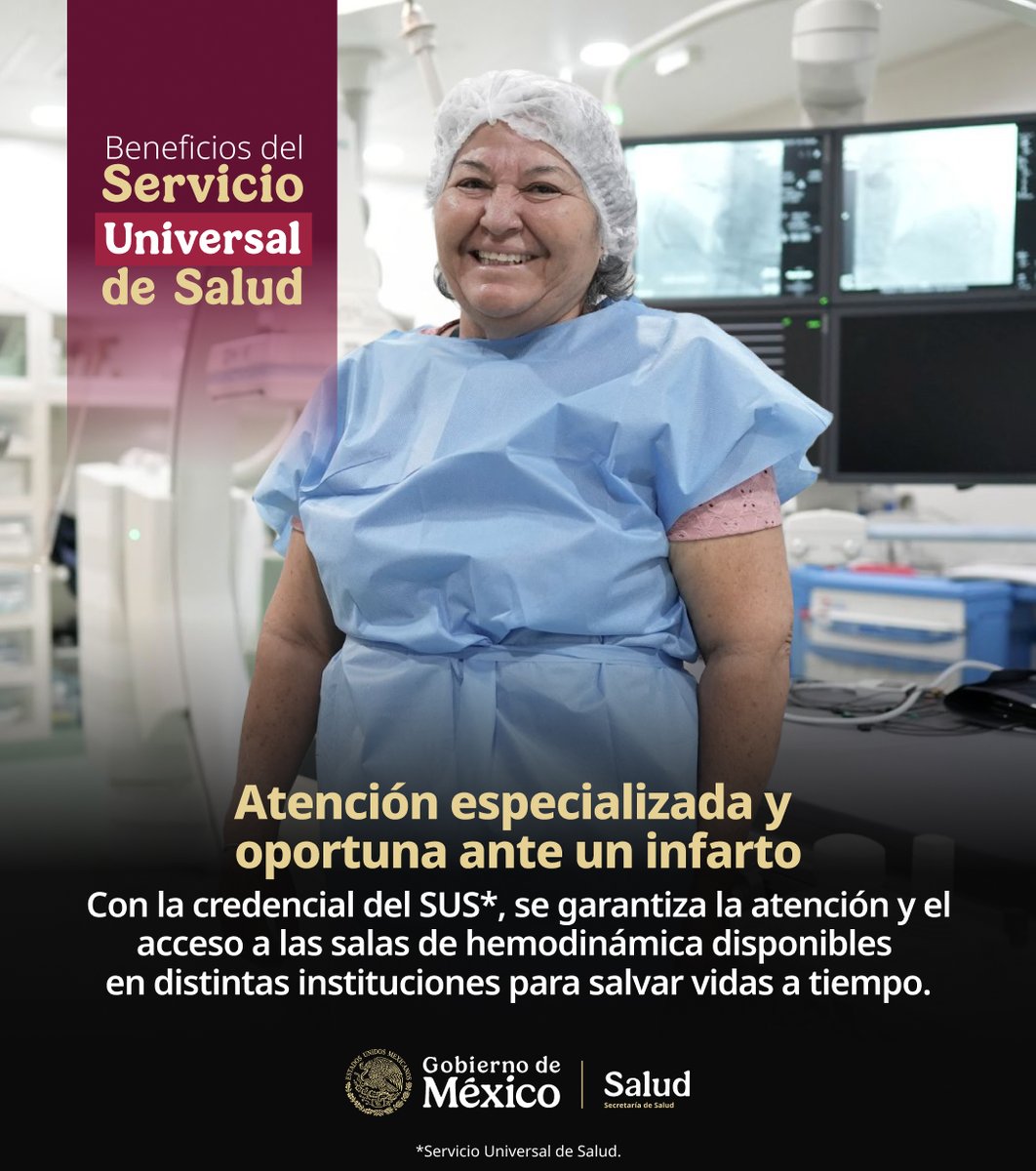 SSalud_mx's tweet photo. Ante un infarto, cada minuto cuenta. 🫀

El #ServicioUniversalDeSalud facilita el acceso a atención especializada y a salas de hemodinamia para que más personas reciban la atención que necesitan en el momento oportuno. 🏥

Infórmate sobre el proceso de credencialización en ➡️ https://t.co/UddVMpD0Oz

#LaHonestidadDaResultados
#SaludSinPrivilegios 🇲🇽