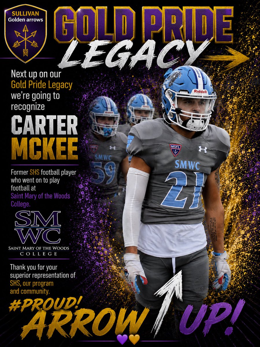 Coach_Caton's tweet photo. Today’s Gold Pride Recognition goes to Carter McKee. A former SHS student athlete who had a great career at Sullivan and now plays football at St Mary’s of the Woods. Way to represent our school, program and community. Proud of you kid. Arrow ⬆️. https://t.co/madrHGz6ms