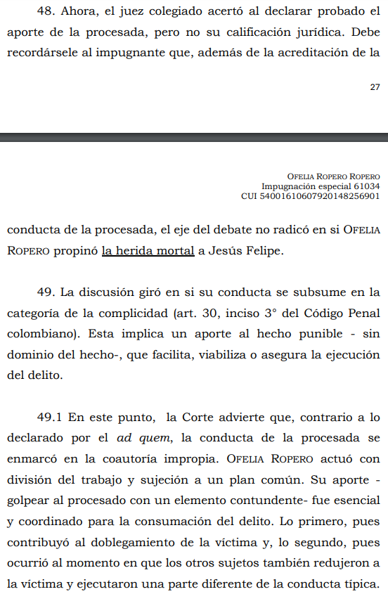loviedoH's tweet photo. Corte S. Rad. 61034/26. Homicidio.

El aporte de la acusada fue golpear a la víctima con un palo en la espalda y extremidades no siendo vital para el resultado muerte, mientras otros (condenados) con cuchillos también agredían a la víctima. ¿es complicidad? NO, es coautoría. https://t.co/S6LLTRjKGW