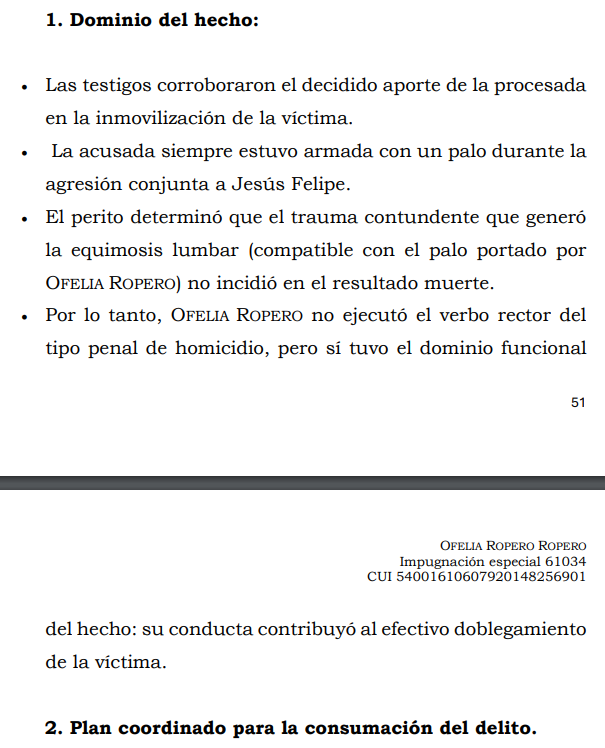 loviedoH's tweet photo. Corte S. Rad. 61034/26. Homicidio.

El aporte de la acusada fue golpear a la víctima con un palo en la espalda y extremidades no siendo vital para el resultado muerte, mientras otros (condenados) con cuchillos también agredían a la víctima. ¿es complicidad? NO, es coautoría. https://t.co/S6LLTRjKGW