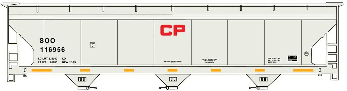 trainmodelling's tweet photo. New from Accurail HO - ACF 47' - 3 Bay Center-Flow Covered Hopper Kit - Canadian Pacific SOO #116956 (grey, red CP, yellow conspicuity marks) (112-2116) #modeltrain #train #HOscale https://t.co/qTO1Gro02t