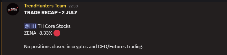 subtlepapi's tweet photo. Quick Trade Recap with SL hit on ZENA, after we tightened the SL to reduce losses. 

Lack of momentum in the stock. 

We share daily the closed position in the TrendHunters; Access membership. https://t.co/HK3rkyHMyM