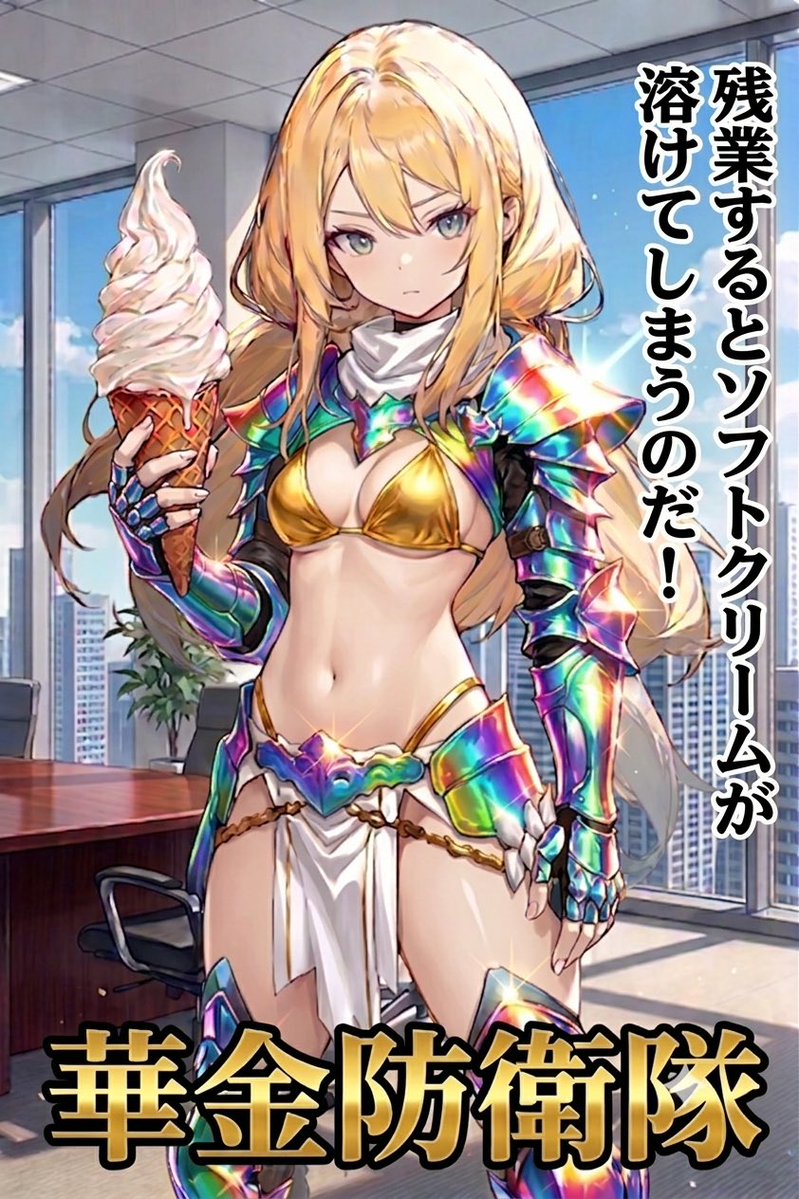 collector5123's tweet photo. ⚔️👙おはようございます❣️😄
7月3日の金曜日。今日は『ソフトクリームの日』なので特大🍦買ってきたら残業だって?!
華金防衛隊が定時退社を勝ち取りソフトクリームと🌸華金を守ります❣️
第16回
⚔️👙華金防衛隊参加者募集👙⚔️
コスチュームは自由❣️ビキニアーマーでなくても大丈夫ですのでお気軽にご参加ください。
.
🔥敵対する残業軍団も同時募集🔥
【参加方法】
防衛隊も残業軍団も、#華金防衛隊 のタグを付けてポストしてください。このポストの引用は任意です。
（イラスト内容は自由ですのでお気軽に）
※タグ検索でヒットした作品は全て(公序良俗に反しない限り😅)リポストさせて頂きます❣️
 #華金防衛隊 #ビキニアーマー隊   #ソフトクリームの日