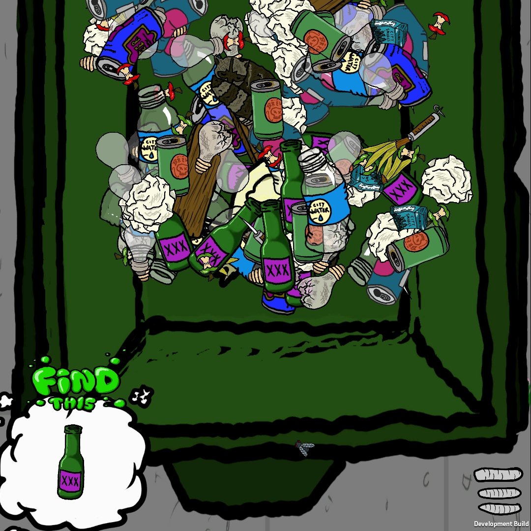 grimygames's tweet photo. Can you find this XXX bottle in Super Dumpster Dive? Gather glass, aluminum, plastic, and other items to buy new colors for your custome avatar and even change the color of the dumpster you're diving in. All coming soon. #SuperDumpsterDive #GameDev #SoloDev https://t.co/AZs6qw1FxA