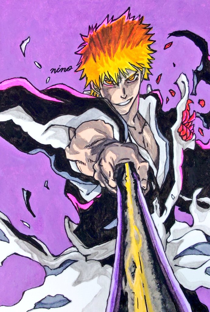 ハガキ1枚に『BLEACH』の黒崎一護を水彩とつけペンで描いてみました