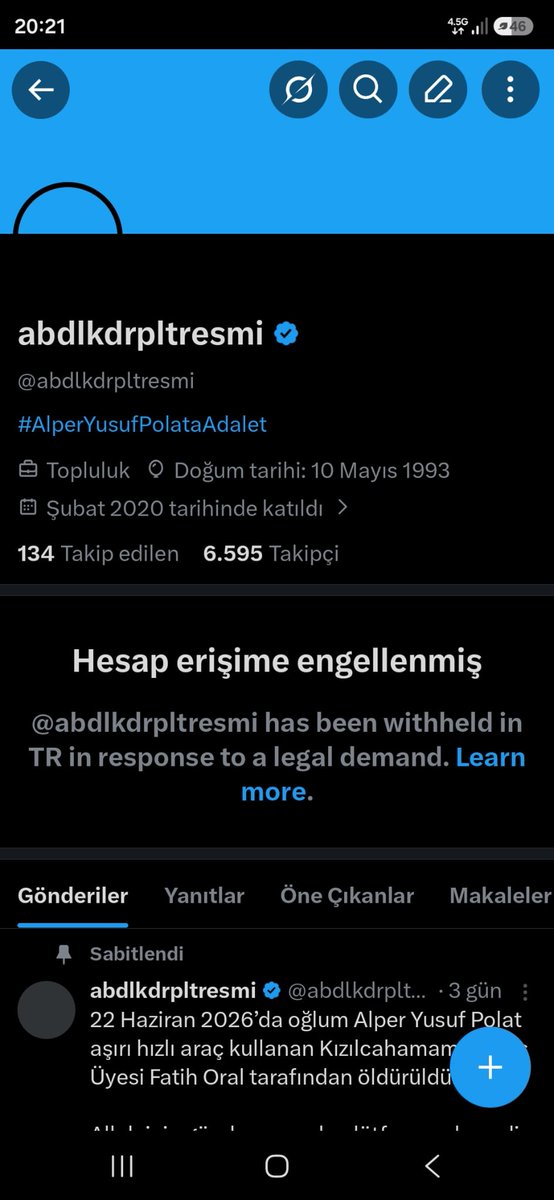 CahitTuz's tweet photo. Kızılcahamam Meclis Üyesi Fatih Oral isimli kişinin aşırı hızla çarpıp katlettiği 11 yaşındaki Yusuf'un babasının 2 twitter hesabına da erişim engeli yapılmış. 

Ciğerparesinin katilinin hakkettiği cezayı alması için mücadele eden bir babanın sesini kim ve neden kısıyor?

Sayın bakanlarım @abakingurlek ve @mustafaciftcitr canı yanan bu kıymetli babanın sesinin kısılması manen büyük bedellere sebebiyet vermez mi? 

Fatih Oral bulunduğu konumunun nüfuzunu mu kullandı? 

Süreç adil bir şekilde ilerlemeyecek mi?