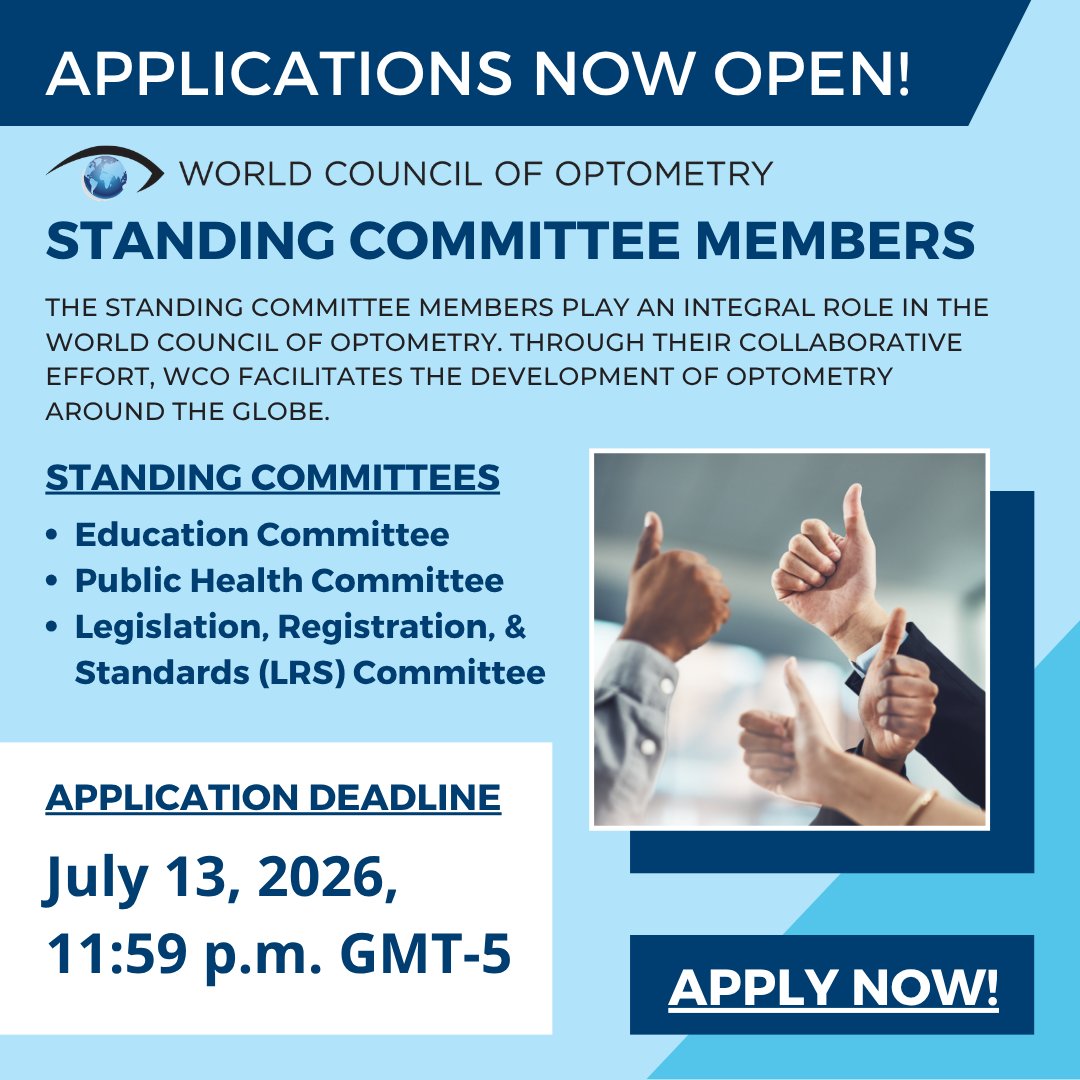 WorldCouncilOpt's tweet photo. WCO Members interested in participating in a WCO Standing Committee are encouraged to apply by July 13, 2026, 11:59 p.m. US Central Time | GMT-5.

🔗 Apply Now!
https://t.co/eQzW9uG3dM | #WorldCouncilOpt https://t.co/eVbpBu43jK