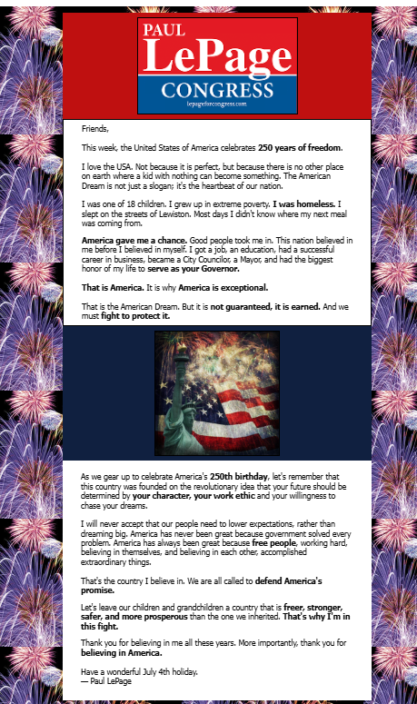HowieCarrShow's tweet photo. A message from Paul LePage, regarding celebrating America's 250th anniversary https://t.co/TTUmM8h4P1