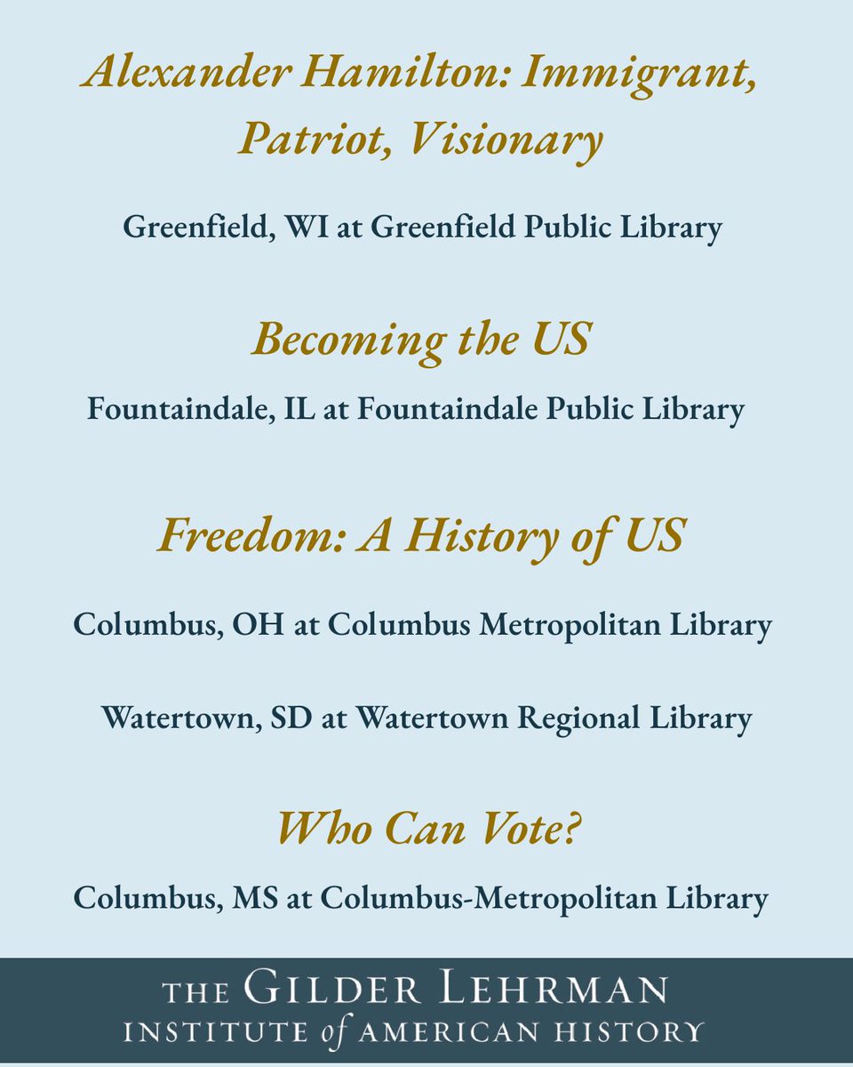Gilder_Lehrman's tweet photo. 🌟This Fourth of July, see our Pop-Up Panel Exhibitions in-person near you! All of the Gilder Lehrman Institute exhibitions are on display across the country to celebrate the 250th anniversary of American independence. 

Swipe to find out which exhibitions are in your area! https://t.co/n52uUbqlP2