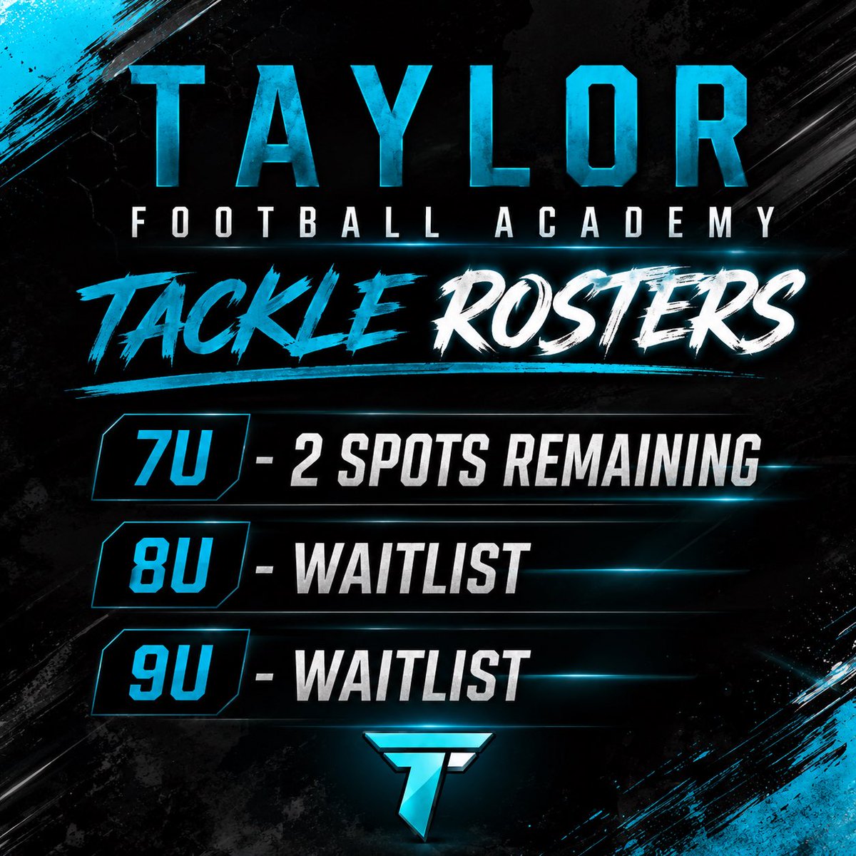 TaylorFBAcademy's tweet photo. TFA Tackle Rosters have loaded up. Only a couple spots left on our 7U roster. 8U &amp; 9U are on a waitlist. 
TFA TAKEOVER https://t.co/mBhe7LtnsK