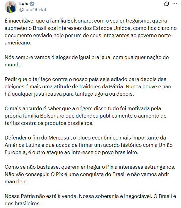 Metropoles's tweet photo. ➡️ POLÍTICA | Lula rebate carta de Flávio e acusa família Bolsonaro de "entreguismo" https://t.co/k31JV5JNVq