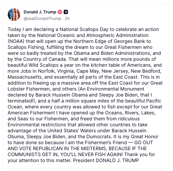 RealPNavarro's tweet photo. 🚨@potus is protecting our great fisherman and seafood industry. Scallop fisherman, who have suffered for years, will be able to responsibly fish around Georges Bank off the coast of New England. This is a huge win for the American seafood industry. https://t.co/XOVeVGtdeP