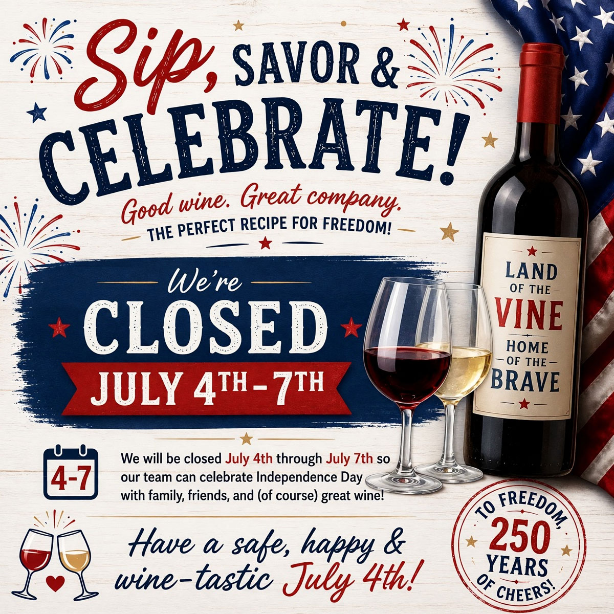 WineStylesNORWD's tweet photo. ๐บ๐ธ๐ท๐บHurry! Grab your reds, whites & brews early!! We're closed July 4th - 7th so our team can celebrate American's 250th vintage! Hurry in for BBQ-ready reds, whites and cold brews for your weekend celebrations! #HappyJuly4th #July4th #Cheers #winestyles #chicago #NorwoodPark https://t.co/UXHLlQ7FJp