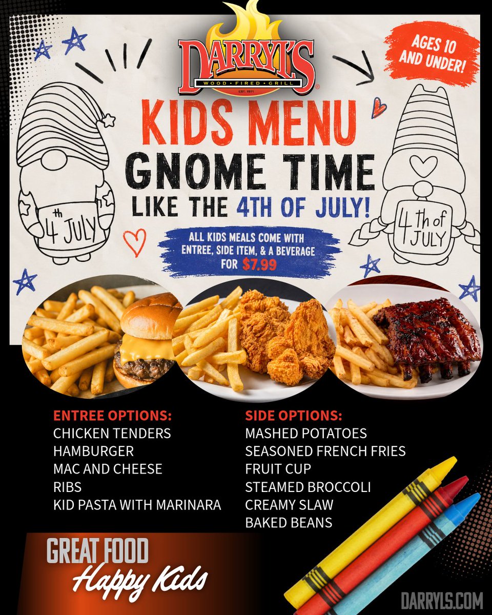 darryls's tweet photo. 🇺🇸🎆 Gnome Time Like the 4th of July! 🎆🇺🇸

Kids 10 &amp; under get an entrée, side &amp; beverage for just $7.99! 🍔🍗🧀

Color a patriotic gnome while you enjoy great food and family time at Darryl’s. ❤️🤍💙

#Darryls #KidsMenu #FamilyFun #FourthOfJuly #GnomeTime https://t.co/MPVTXaRNMO