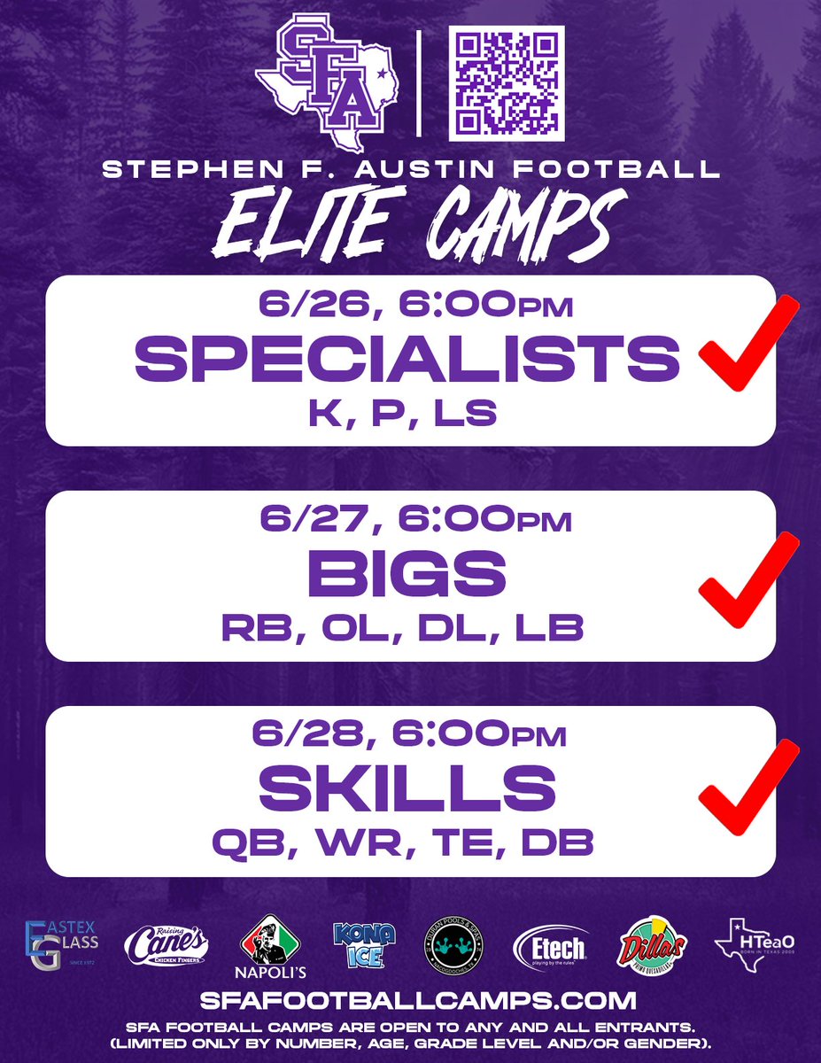 CoachCarthel's tweet photo. THANK YOU, @SFA_Football Campers!

I want to thank every single athlete, along with their parents, who came out to #CampWithTheChamps! It was an absolute privilege to coach you and a real blessing to pray over each one of you. Best of luck this fall season! #AttitudeOfGratitude🙏 https://t.co/vwA1LSpuot