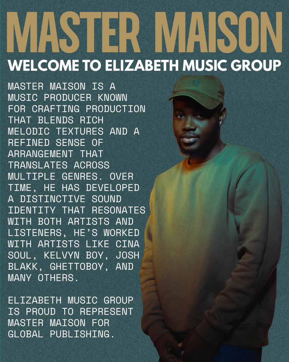 TheZachMichael's tweet photo. Elizabeth Music Group is proud to welcome Master Maison to our publishing roster.

Master Maison is a music producer recognized for crafting rich, melodic productions that blend refined arrangements with modern, commercially appealing sound.

His production credits include standout records such as "Vero" by Kelvyn Boy and "Arizona" by Cina Soul featuring Mr Drew, along with collaborations involving artists including Josh Blakk, Ghettoboy, and many more. Through each release, Master Maison continues to demonstrate his ability to create records that are both musically compelling and culturally impactful.

As part of the Elizabeth Music Group publishing family, @mastermaison_  will receive global publishing representation, ensuring his works are properly registered, protected, and monetized while gaining access to worldwide royalty collection, synchronization licensing opportunities, and additional creative opportunities.

We are excited to support Master Maison's continued growth and look forward to helping expand his global presence while creating new opportunities for his exceptional catalog.