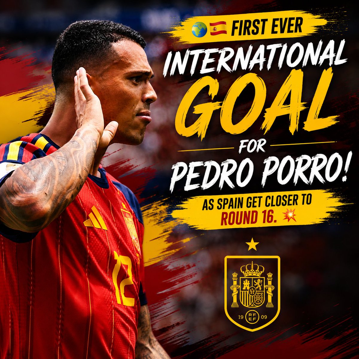 usmanhaider1193's tweet photo. 🌎🇪🇸
First ever international goal for Pedro Porro, as Spain get closer to round 16. 💥
#PedroPorro #Spain #LaRoja #Football #Soccer #Goal #InternationalGoal #FirstGoal #SpainFootball #FIFAWorldCup #WorldCup2026 #RoadToGlory #RoundOf16 #MatchDay #FootballFans #GoalScorer #ViralFootball #TrendingNow #SportsUpdate #FootballReels #InstagramSports #SoccerNews #GameDay #SpainWin