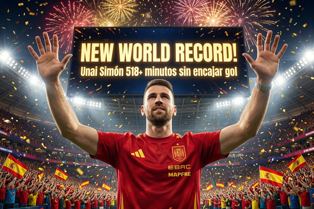 2010MisterChip's tweet photo. ‼️ RÉCORD DEL MUNDO ‼️

Unai Simón 🇪🇸 alcanza los 518 minutos sin encajar y firma la MAYOR racha de imbatibilidad de un portero en TODA la historia de la Copa del Mundo.

Amigos de @GWR, preparen una nueva placa.

Amigos de @FIFAWorldCup, procedan a certificar que un portero español acaba de derribar la mítica barrera de Walter Zenga.