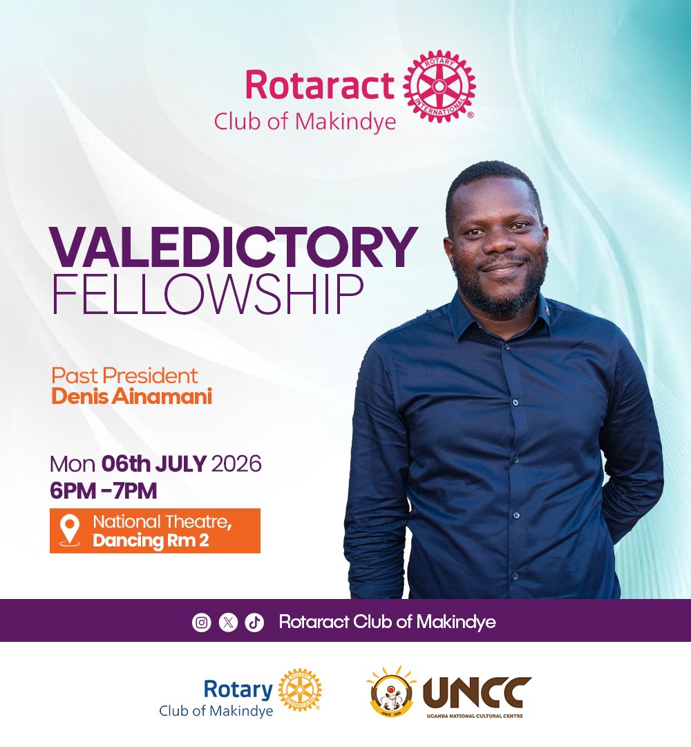 makindye_rct's tweet photo. ✨VALEDICTORY FELLOWSHIP ✨
This Monday we honour our very own Past President Denis Ainamani as he full filled the 5th Goal of Rotaract.
Join Us for an evening of Great Memories as we learn from his Legacy…!!!.
#ServiceAboveSelf | #Rotaractlegacy #RotaryEyamba https://t.co/QFJfcVps2G
