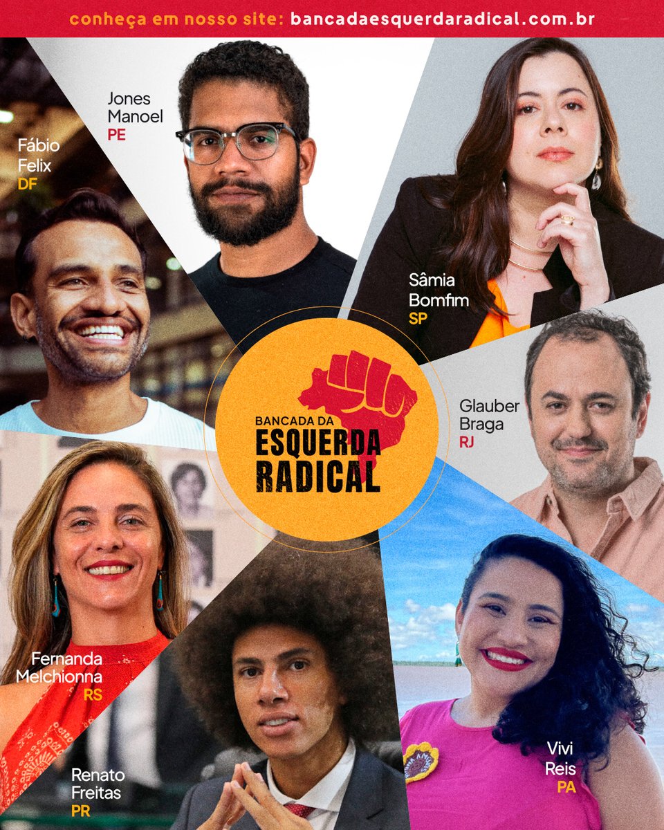 Glauber_Braga's tweet photo. Nós somos a Bancada da Esquerda Radical!

Derrotar a extrema direita exige enfrentá-la para além das urnas: é preciso organizar as lutas, combatê-la no campo das ideias e ganhar o povo para a defesa de um projeto soberano, comprometido com a revolução, o socialismo e o equilíbrio da vida em nossos biomas.

Para isso, precisamos pautar o debate apontando os verdadeiros responsáveis pelo nosso atraso e apresentando saídas concretas. 

A extrema direita, cínica, se apresenta como antissistema e tenta se fortalecer na frustração de um povo que não vê saída, enquanto, na prática, o bolsonarismo aprofunda o projeto de submissão nacional e espoliação do nosso povo.

Para derrotar o neofascismo e a angústia popular que ele utiliza como arma, não será com o recuo, conciliação ou subordinação: é preciso que a esquerda retome a ofensiva. A unidade de quadros que se postulam como esquerda radical é fundamental para ganharmos força de enfrentamento, para que o povo que busca uma saída à esquerda encontre representatividade e combatividade nos postos avançados da luta.

Muito prazer, nós somos a Bancada da Esquerda Radical!

Fábio Felix, Fernanda Melchionna, Glauber Braga, Jones Manoel, Renato Freitas, Sâmia Bomfim e Vivi Reis. Acesse o site, saiba mais, acompanhe essa construção coletiva e prepare-se para ser parte desse movimento!
