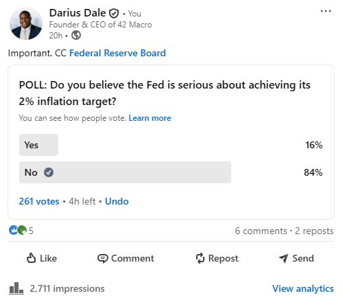 DariusDale42's tweet photo. INFLATION & MONETARY POLICY: I know it’s only a little over 1,300 votes, but there is signal in the overwhelming majority response. My X audience is primarily retail. My LinkedIn audience skews professional. Roughly 85% of both audiences think the Fed is not serious about its 2% inflation target.

Much like K-shaped fiscal policy and K-shaped regulatory policy, K-shaped monetary policy—which few have the courage to discuss openly—is a big problem for the low-to-median-income households in our country.

Historically, the @federalreserve has prioritized supporting asset markets to support the income and wealth accumulation of households on the top of the “K” over prioritizing containing inflation for the households on the bottom of the “K”—roughly 80% of whom do not own stocks and cannot come up with $1,000 to cover an emergency expense.

Will Kevin Warsh’s Fed leadership change this? Time will tell. But it's important to me to provide this context as someone who's been blessed to ascend from the bottom 0.001% of this "K" to appreciably up the top.

Happy Independence Day! May God bless America and may the Holy Spirit heal our deliberately broken society. ❤️+🤍+ 💙= 💜