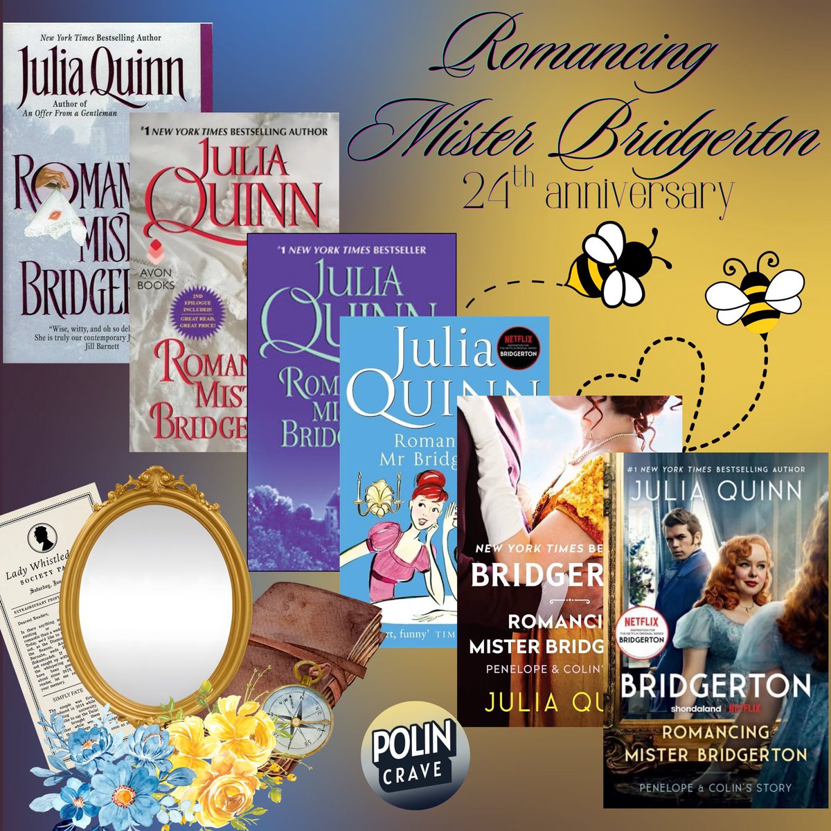 PolinCrave's tweet photo. Happy 24 years of Polin!! On this day July 2, 2002 Julia Quinn released to the world ‘Romancing Mr. Bridgerton’ and history was made 💛💙 https://t.co/khwz1tLWdZ