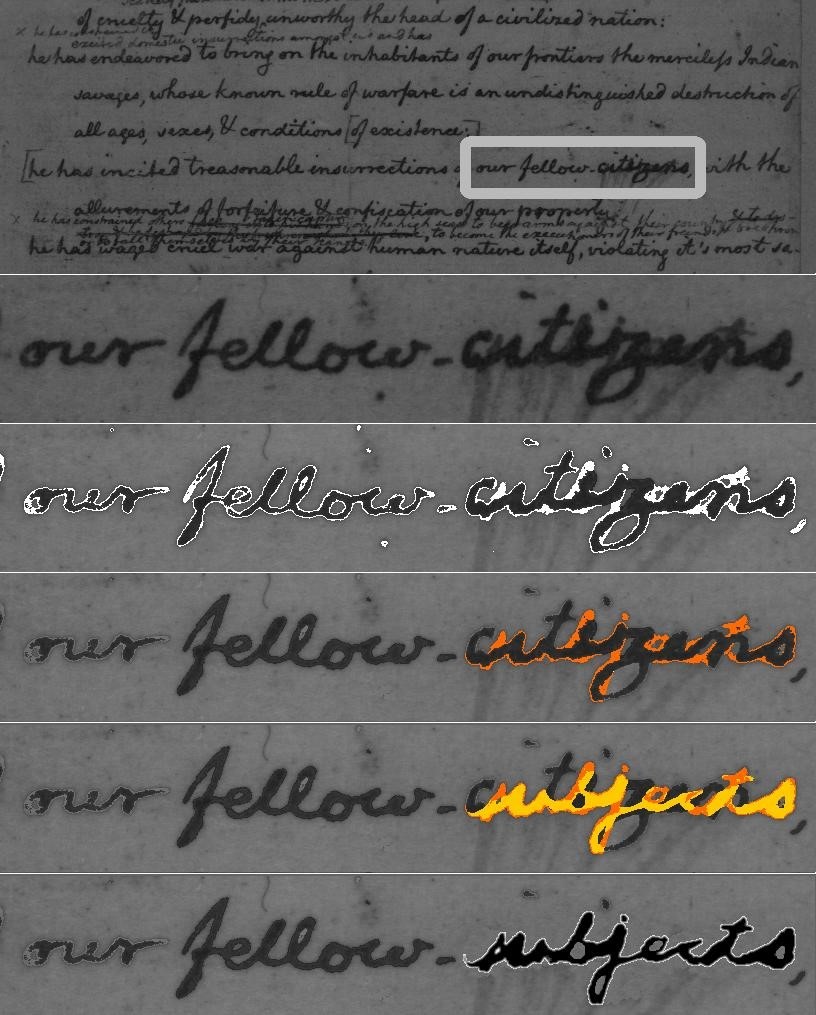 librarycongress's tweet photo. Upon closer examination under the microscope, it’s evident there is a word underneath the smudge, and the word “citizens” is judiciously written on top. Spectral imaging reveals that Jefferson first wrote “our fellow subjects." https://t.co/sqkPvcvoLt