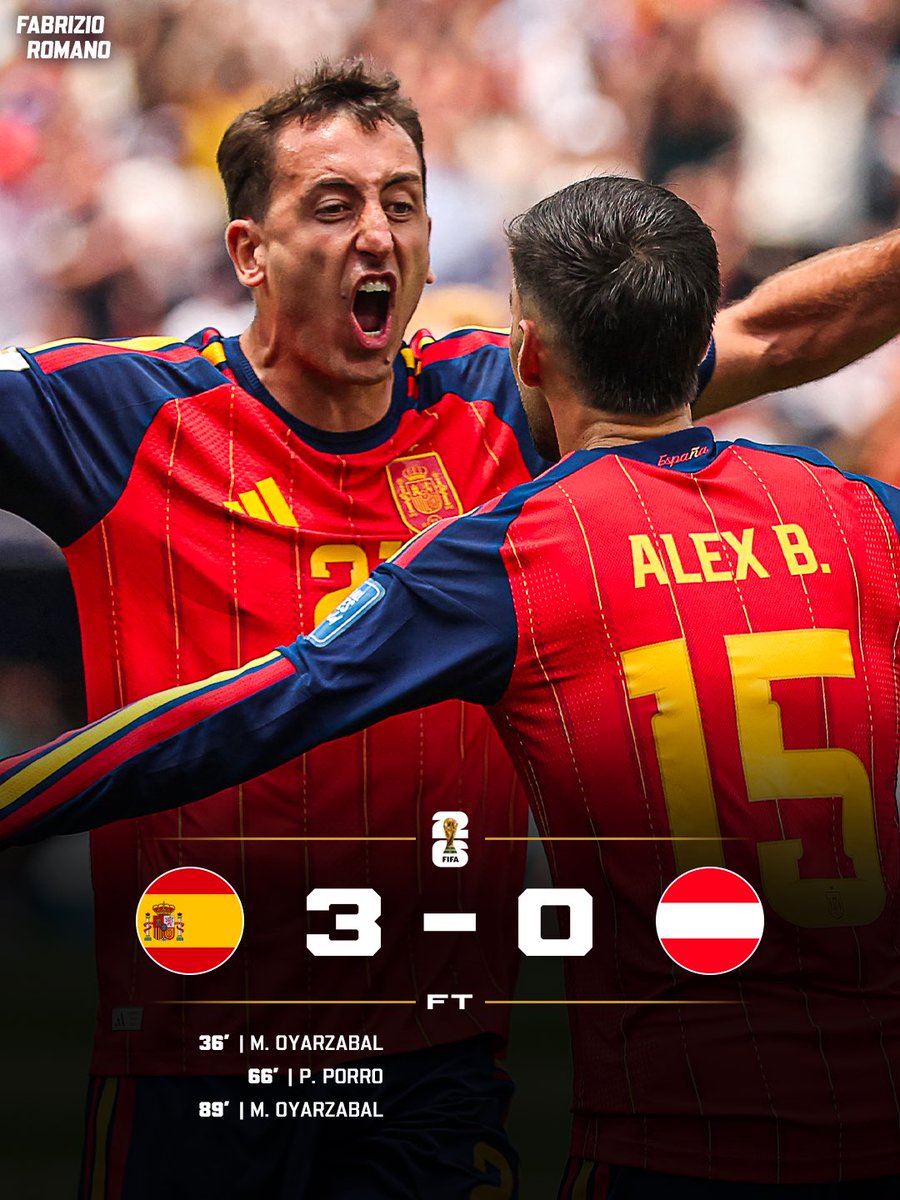 FabrizioRomano's tweet photo. 🍿🇪🇸 Spain eliminate Austria and fly to World Cup RO16 with perfect win and another show by Mikel Oyarzabal!

Two assists for Cucurella, first goal ever for Porro, brace for Oyarzabal with 4 goals and 1 assist in 4 2026 World Cup games.

Your Man of the Match? https://t.co/rxfbayiKzP