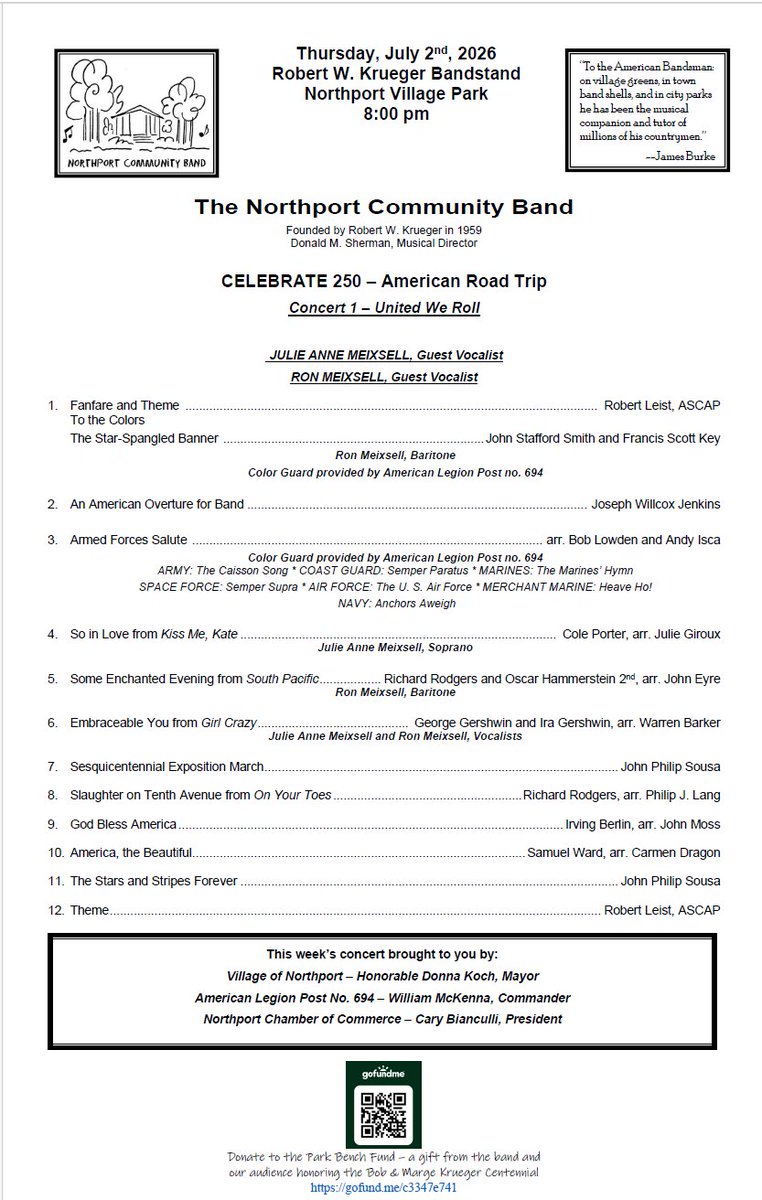 BandNpt's tweet photo. Here's tonight's program - 8:00 pm in cool, breezy Northport Village Park! https://t.co/nw0c72oVsN