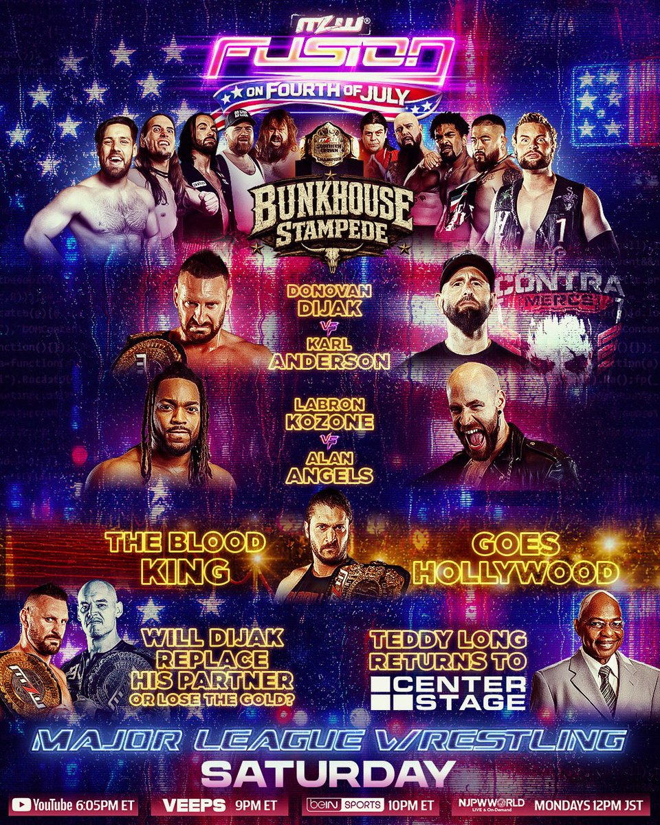 MLW's tweet photo. 🇺🇸 We have a can’t-miss Fusion on Fourth of July! Don’t miss out on all of the VIOLENCE: tap in Saturday.

▶️ https://t.co/xLsUDPoTK4 (6:05 pm ET) 
👊 @Veeps (9 pm ET)
📺 @beINSPORTSUSA (10 pm ET) https://t.co/nmnUdoRZfy