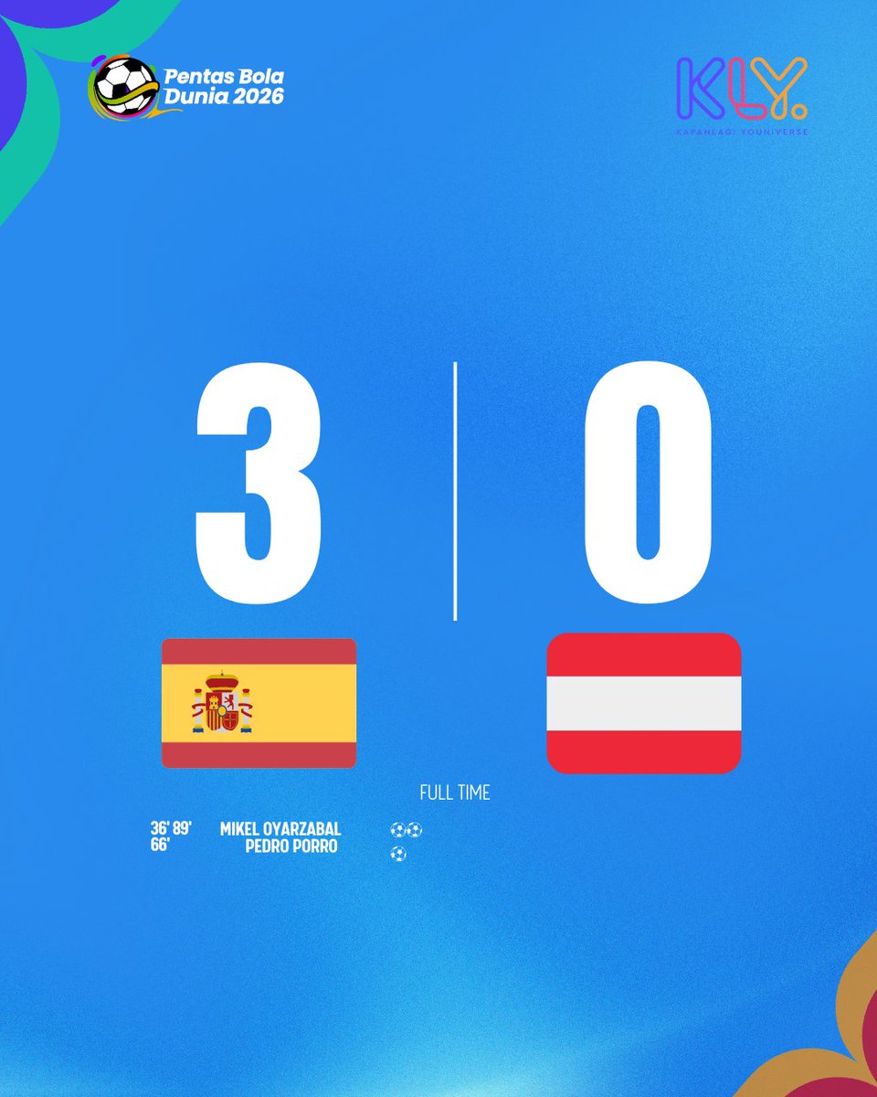 bolacomID's tweet photo. FT: Spanyol 3-0 Austria | Poss: 66%-34% | Shots on Target: 10-0 | Fouls: 8-13
Oyarzabal Buka Jalan, Porro Sempurnakan Kemenangan La Furia Roja
@powerade.id POWERADE, POWER YOUR HYDRATION! ISOTONIK UNTUK HIDUP AKTIFMU
#Powerade #PowerYourHydration #pentasboladunia2026 #klyhub https://t.co/spNhQ5E9mY