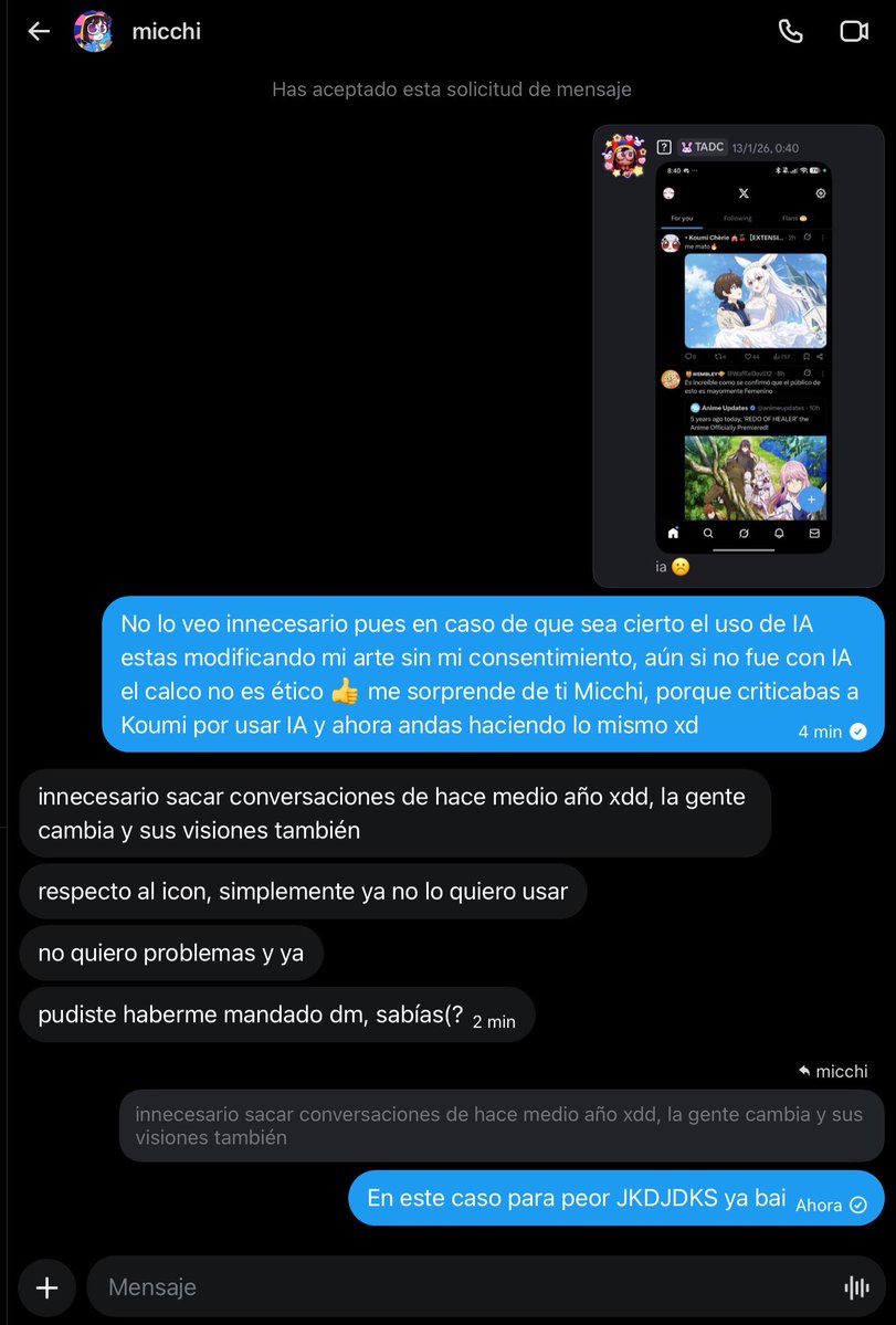 mokuVT's tweet photo. Oye micchi, si vamos a hablar de hipocresías, por que no hablamos de cómo criticabas a @Koumi_CherieVt por usar IA y ahora haces lo mismo? 😆

El tema del diseño de Arima ya estuvo resuelto, pero te mama sacar cosas que nada que ver, lo que sea por quedar bien no? JKDKFKSK https://t.co/1z3OUfg4k8