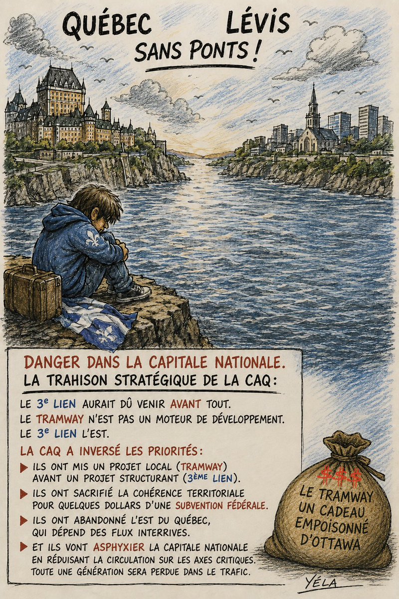 Takebakicitte's tweet photo. Danger dans la capitale nationale. La CAQ abandonne la ville de Québec sur les ponts. Une capitale sans ponts ressemble à un gouvernement sans vision: incapable d'avancer. Toute une génération sera perdue dans le trafic.  #caq #pspp #plq #pcq #qs https://t.co/lvVUx4eiYU