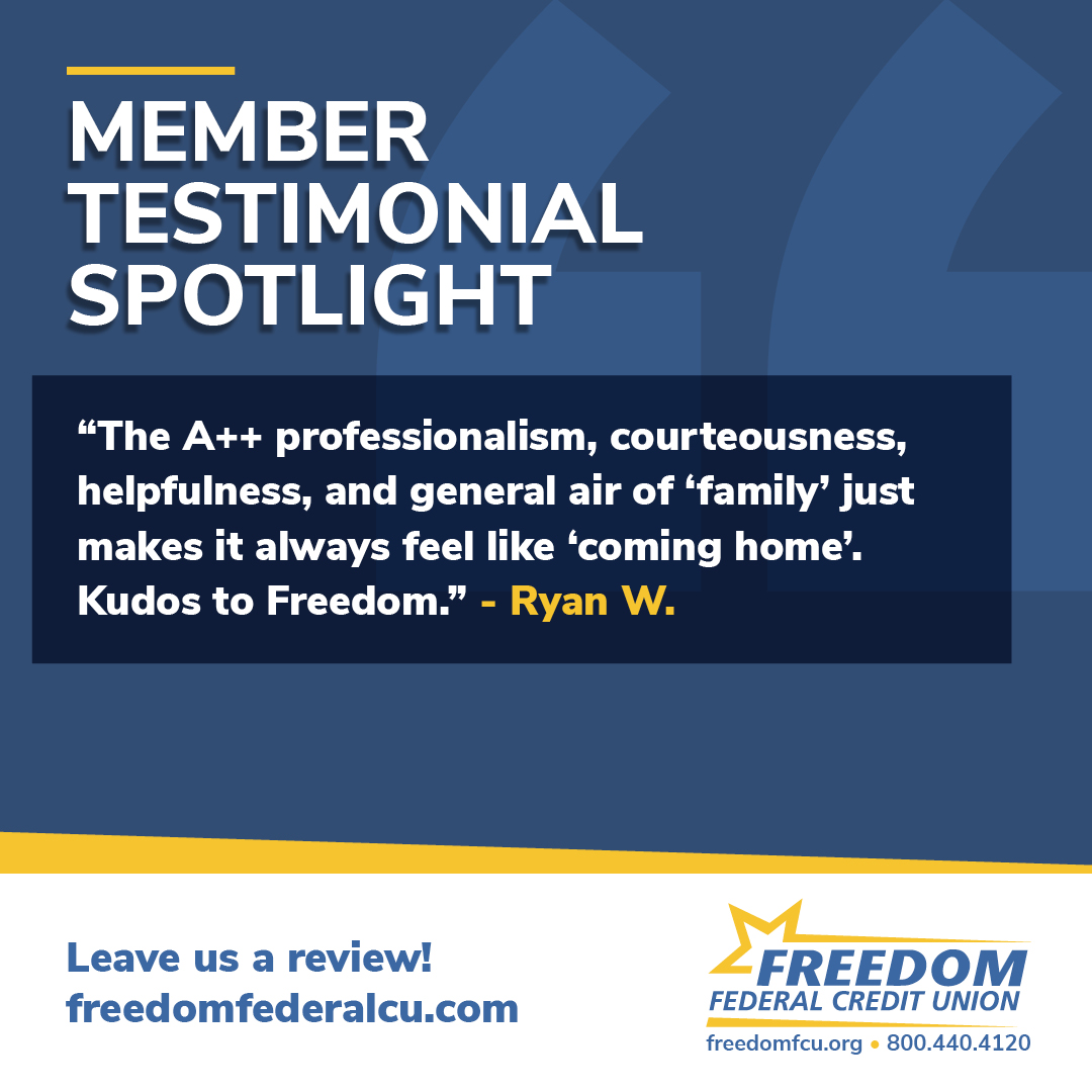 FreedomFedCU's tweet photo. Member Testimonial Spotlight 💛💙

Want to be featured on our social media? Leave us a review!

https://t.co/IMgA2ta5FK

#MemberSpotlights https://t.co/kvCGbGFYNi
