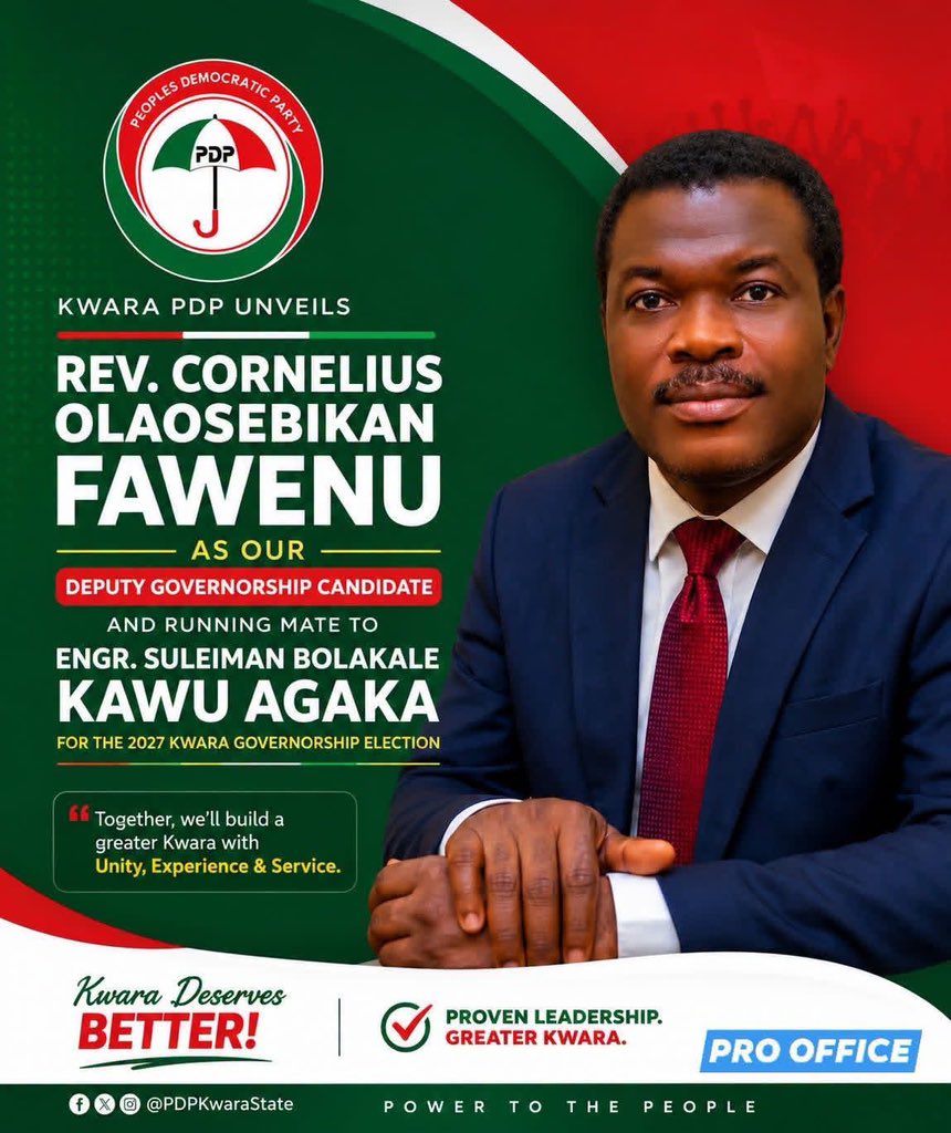 PDPKwaraNG's tweet photo. *NOTICE OF OFFICIAL INVITATION TO THE UNVEILING OF REV COS FAWENU, THE PDP DEPUTY GOVERNORSHIP CANDIDATE FOR 2027 GUBERNATORIAL ELECTIONS*

The Kwara State PDP cordially invites all party members, supporters, stakeholders, admirers, and the general public to the official unveiling of Reverend Cornelius Olaosebikan Fawenu as the Deputy Governorship Candidate (Running Mate) to the Party's Governorship Candidate, Engineer Suleiman Bolakale Kawu Agaka, for the 2027 General Elections.

Details of the Event:

*Date: Friday, 3rd July, 2026*
*Venue: PDP State Secretariat, Pipeline Road, Ilorin*
*Time: 10:00 a.m. Prompt*

Your presence at this historic event will be highly appreciated as we collectively take another significant step in our mission to rescue Kwara State and restore purposeful leadership.

Signed:
PRO's Office
Kwara State PDP Secretariat, 
Ilorin.