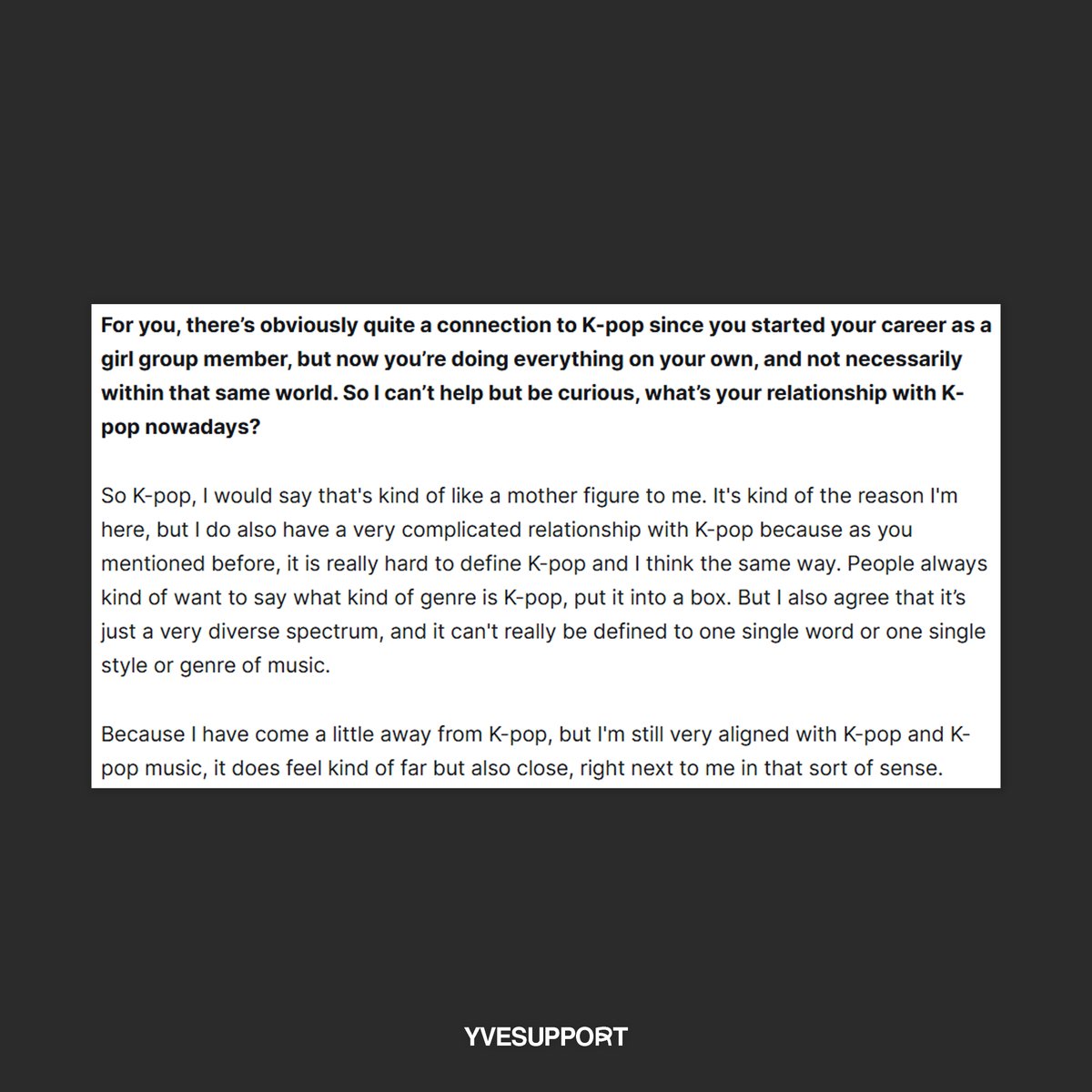 yvesupport's tweet photo. Yves shares her thoughts on K-pop, calling it the reason she is where she is today while explaining that, although her music has evolved beyond its conventional boundaries, she still feels deeply connected to it
https://t.co/0rJLgdExSl https://t.co/xhlhLQE3fF