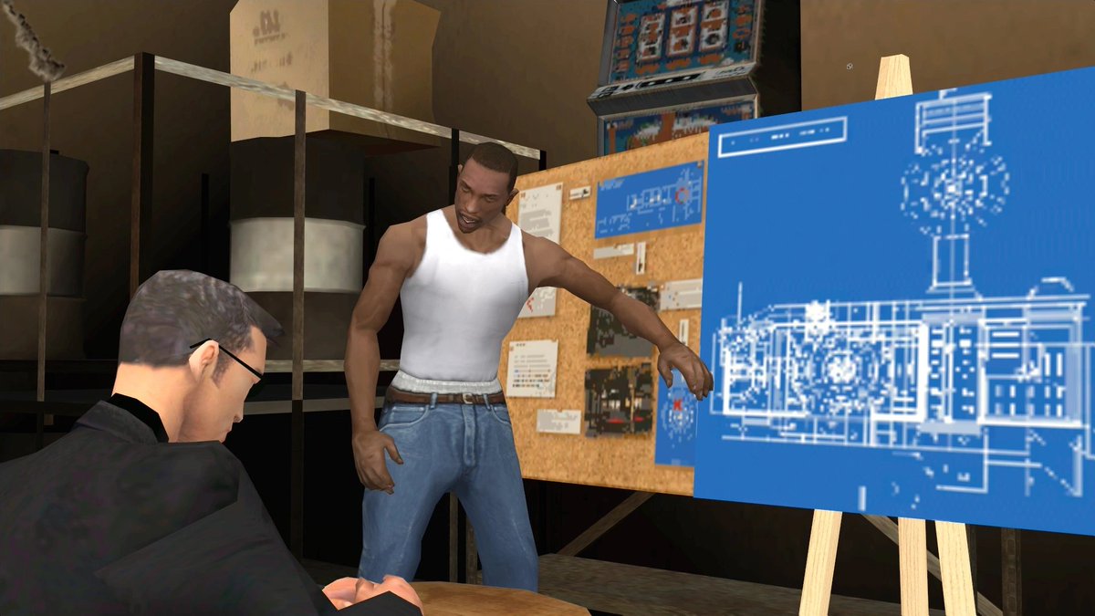 TheNathanNS's tweet photo. Young Maylay, the voice behind CJ has stated his favourite line in GTA San Andreas is when they're preparing the casino heist and CJ says to Woozie "now I know you blind man, but you gotta see this" and tries to show him blueprints https://t.co/4V975VFH5W