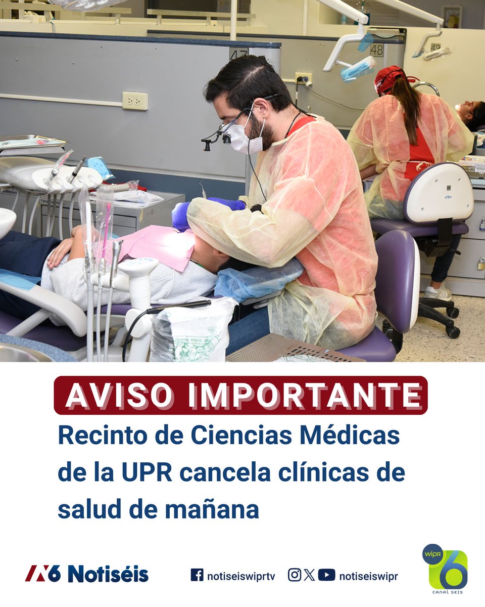 notiseiswipr's tweet photo. 📢 [AVISO IMPORTANTE] Recinto de Ciencias Médicas de la UPR cancela clínicas de salud de mañana

Las citas de sus clínicas de salud programadas para mañana, viernes 3 de julio, fueron canceladas y serán reprogramadas debido al día libre concedido por el feriado del 4 de julio. https://t.co/PDDd0SxBky