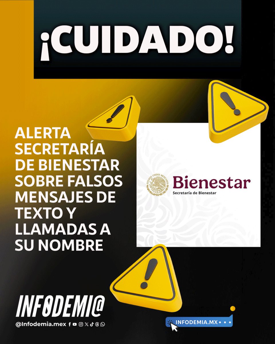 infodemiaMex's tweet photo. 🚨#Alerta

🚨#Cuidado

⚠️Alerta Secretaría de Bienestar sobre falsos mensajes de texto y llamadas a su nombre

La Secretaría de Bienestar (@bienestarmx) alertó a la población sobre mensajes de texto y llamadas realizadas a su nombre que solicitan la actualización de datos personales. La dependencia señaló que estos son falsos e invitó a la ciudadanía a no compartir información.

▶️https://t.co/mQ1dd8zIC5