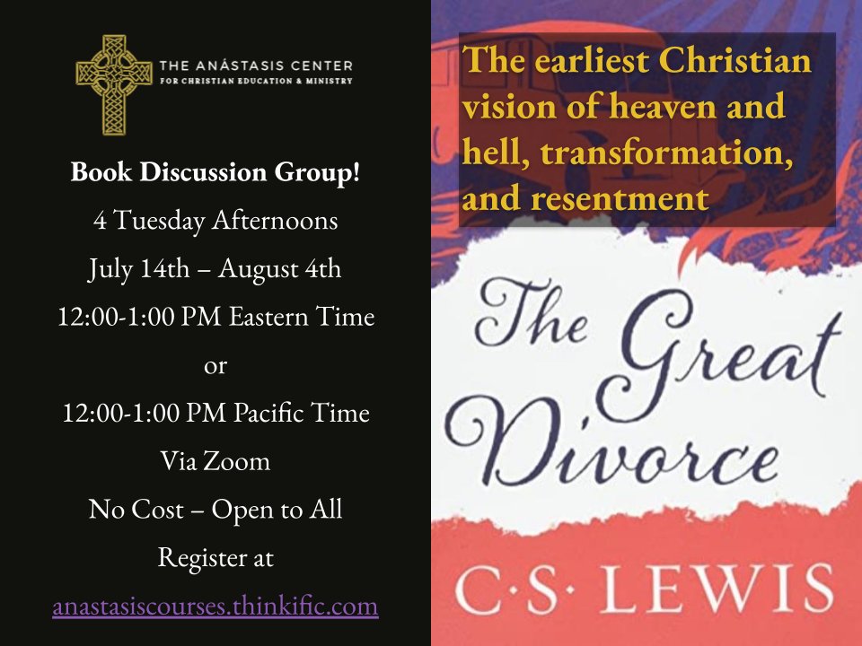 AnastasisCenter's tweet photo. Come explore C.S. Lewis' The Great Divorce with us
Starting next Tuesday, July 7th! 
2 cohorts:  one @ 12noon EST and one @ 12pm PST https://t.co/4TvxMrikGH
